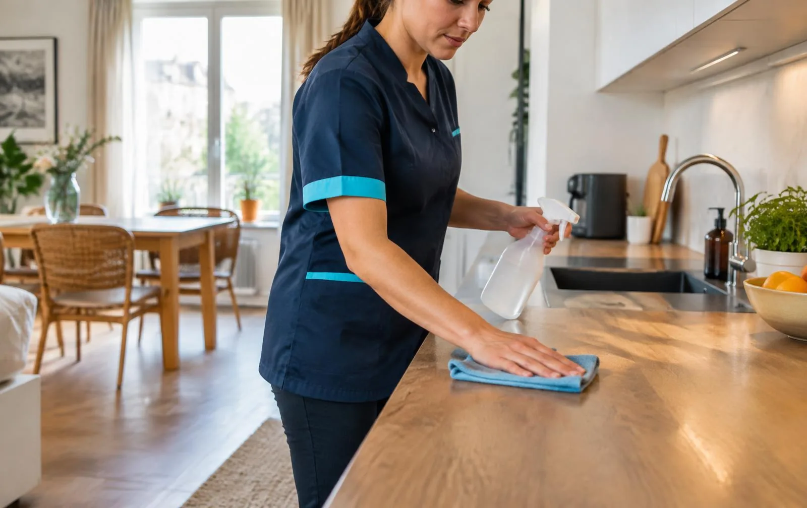 Professionnelle du nettoyage dans une cuisine lumineuse